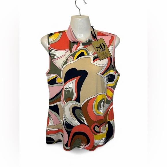 NWT 80s Park mock neck sleeveless blouse in multi-coloured abstract print size M - Picture 1 of 3